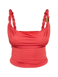 Shape Red Cowl Neck Twisted Gold Trim Strap Top - 4