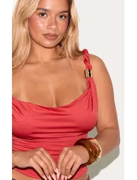 Shape Red Cowl Neck Twisted Gold Trim Strap Top - 3