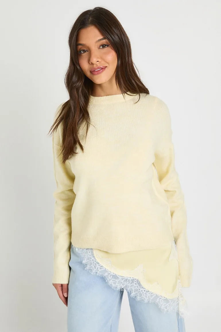 Knitted Crew Neck Jumper - lemon - 1