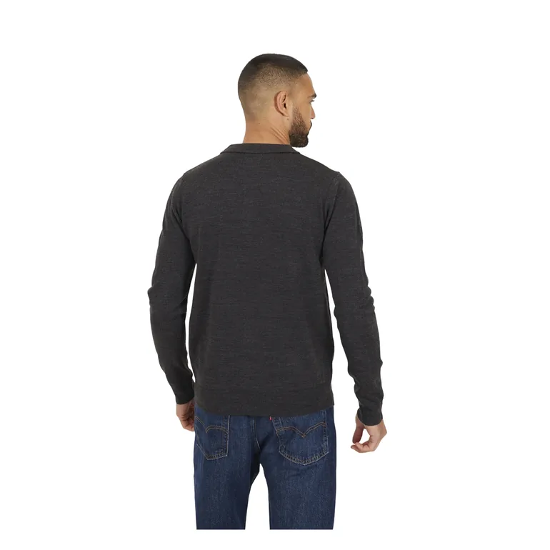 Brave Soul Mens Knitted Ribbed Collar Long-Sleeved Polo Shirt - Dark Charcoal Marl - 1