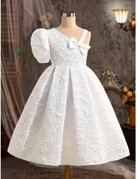 One Sleeve Textured Dress with Bow Detail