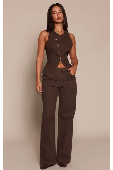 Petite Chocolate Trim Detail Wide Leg Denim Jeans
