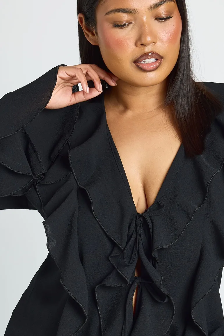 Plus Tie Front Ruffle Blouse - black - 3