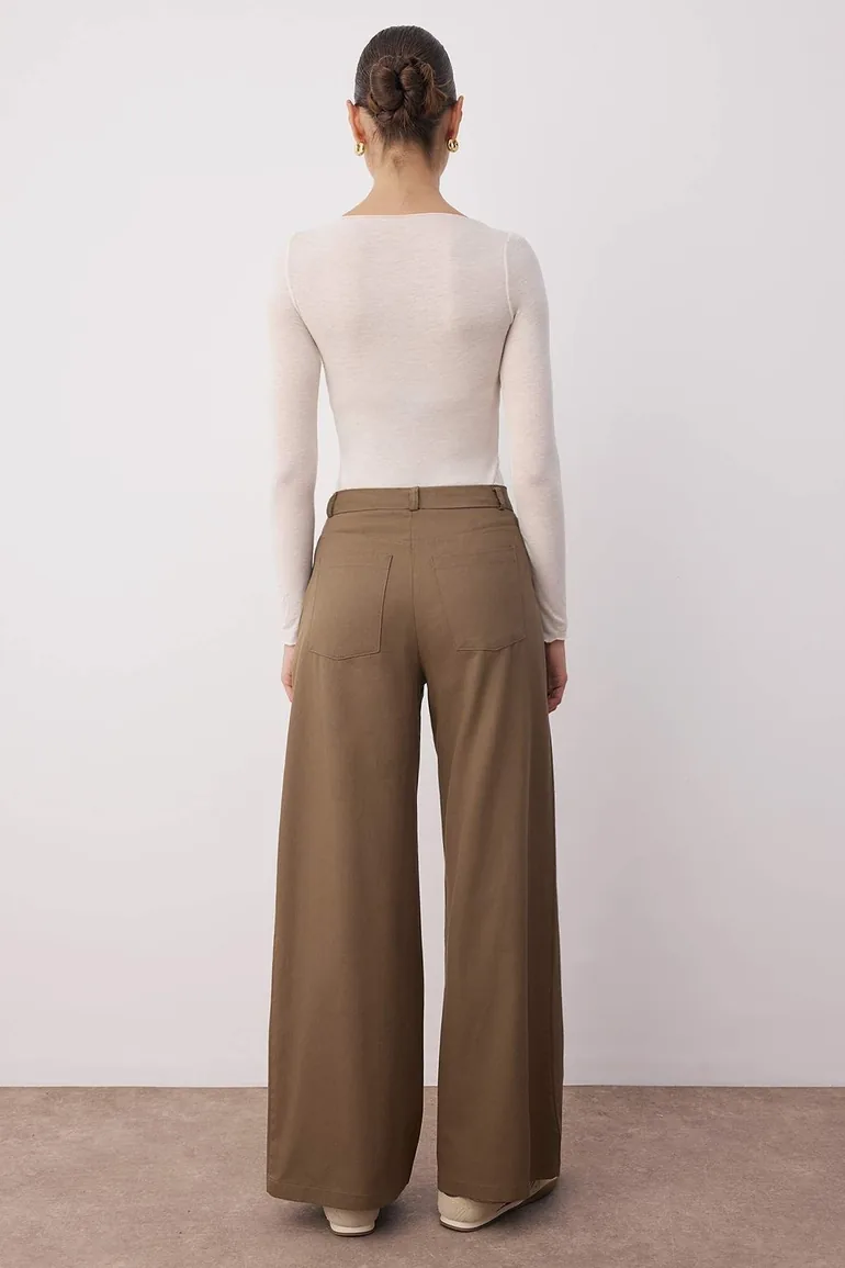 Brown Thin, Soft Touch, 100% Cotton Wide Leg Trousers - 3