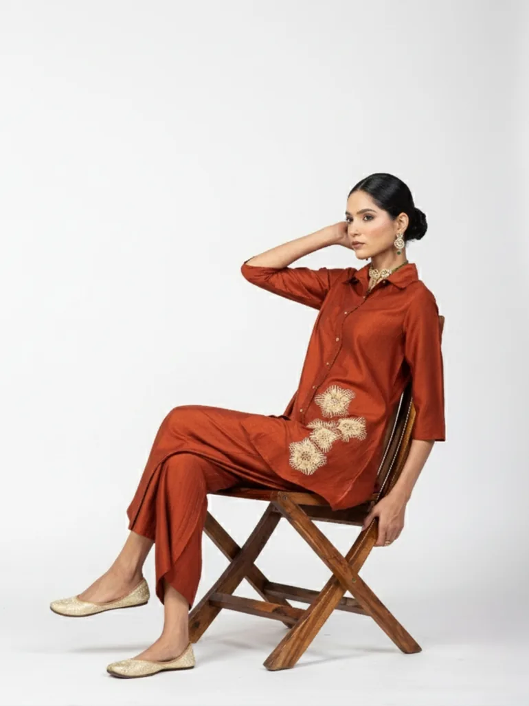 Women Embroidered Shirt and Wide Leg Trousers Co-ords - 1