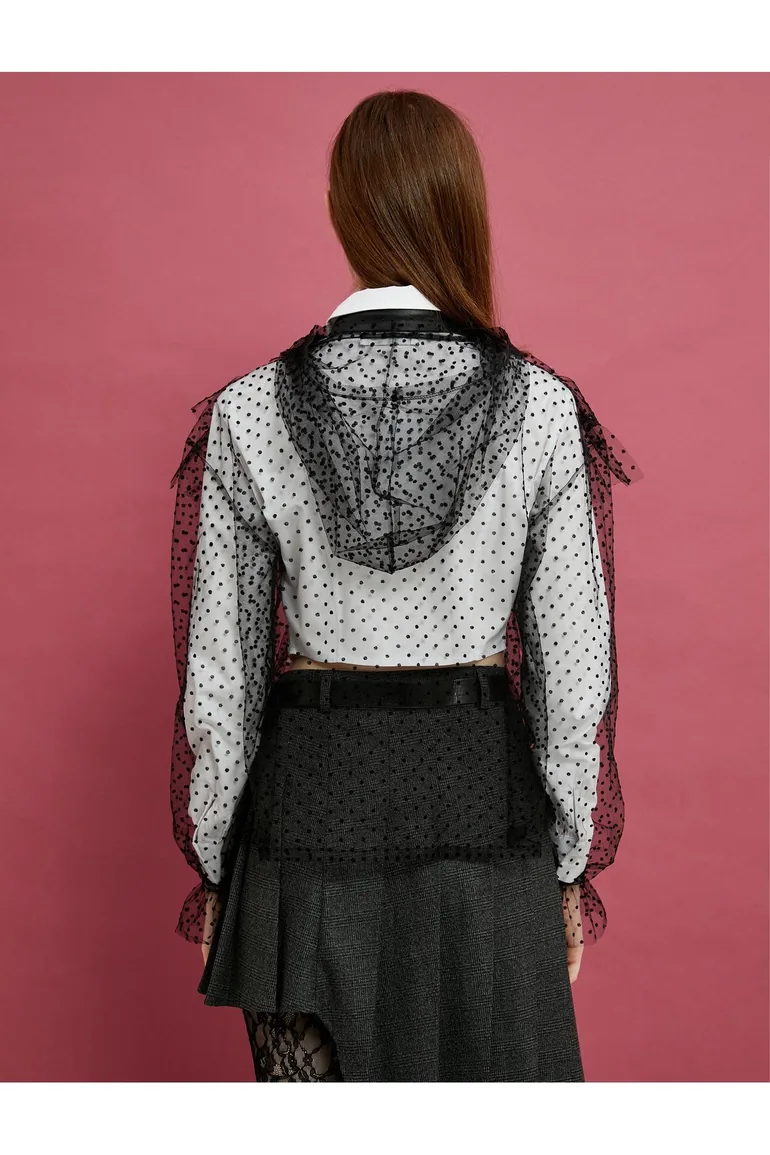 Hooded Tulle Sheer Blouse Frilly Long Sleeve Polka Dot - 3