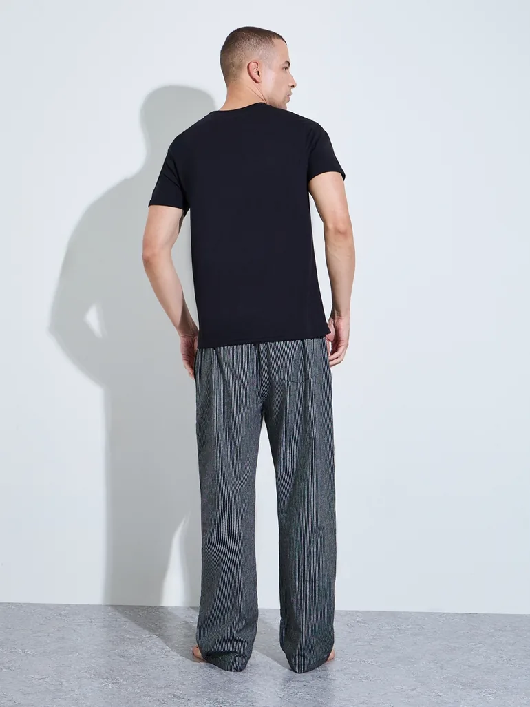 Men Black Solid Crew Neck T-Shirt and Striped Pants Pajama Set - 4