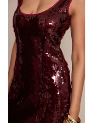 Wine Sequin Scoop Neck Sleeveless Maxi Dress - 3