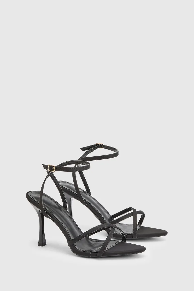 Black Satin Cross Strap High Stiletto Heeled Sandals