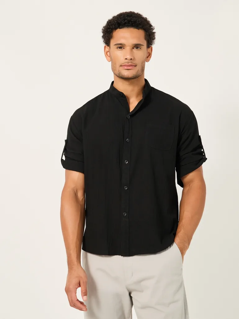 Solid Mandarin Collar Regular Fit Shirt - 1