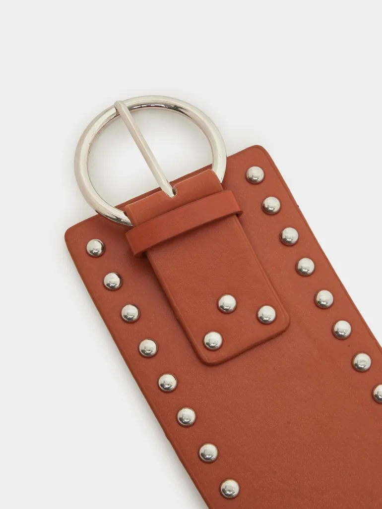 Brown Studded Wide Waist Belt - 2