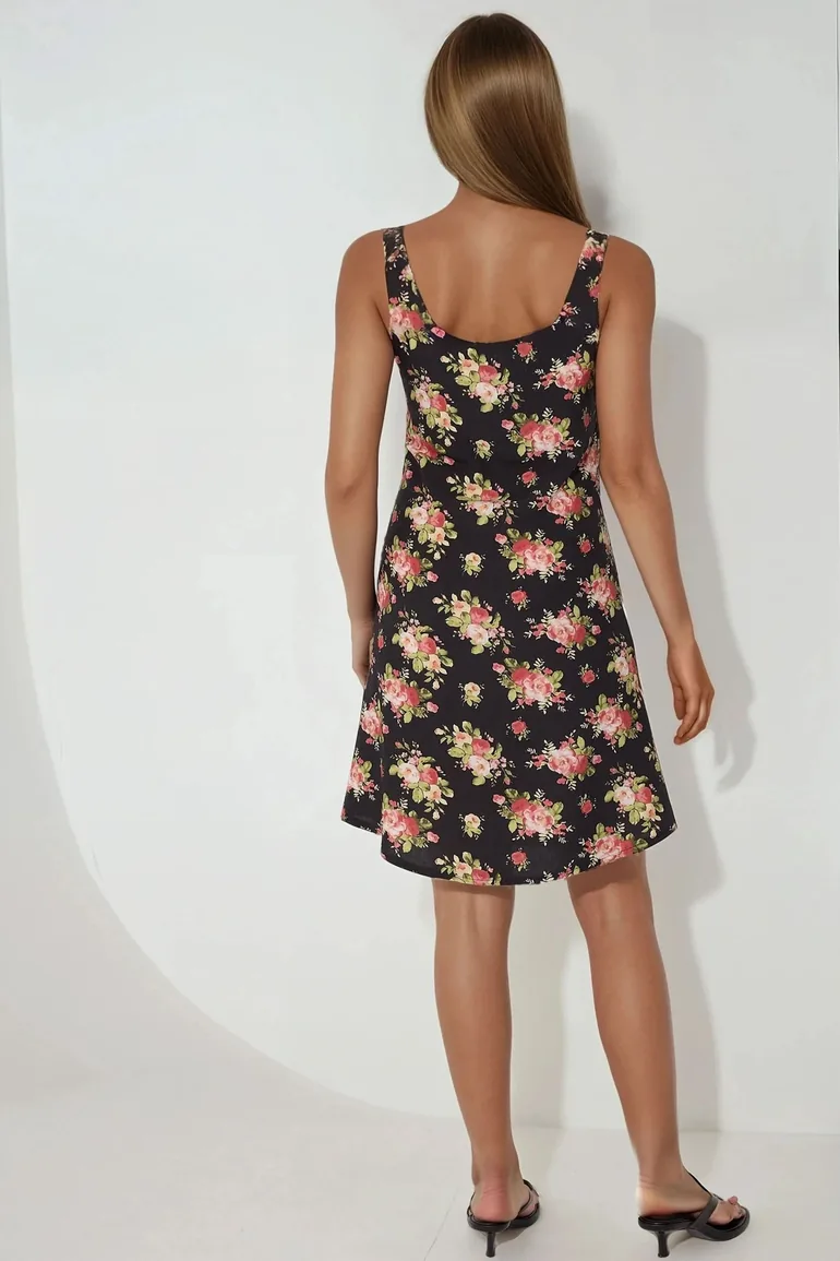 U Collar Printed Fitted Mini Dress - 3