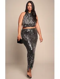 Plus Black Sequin High Neck Scoop Back Crop Top