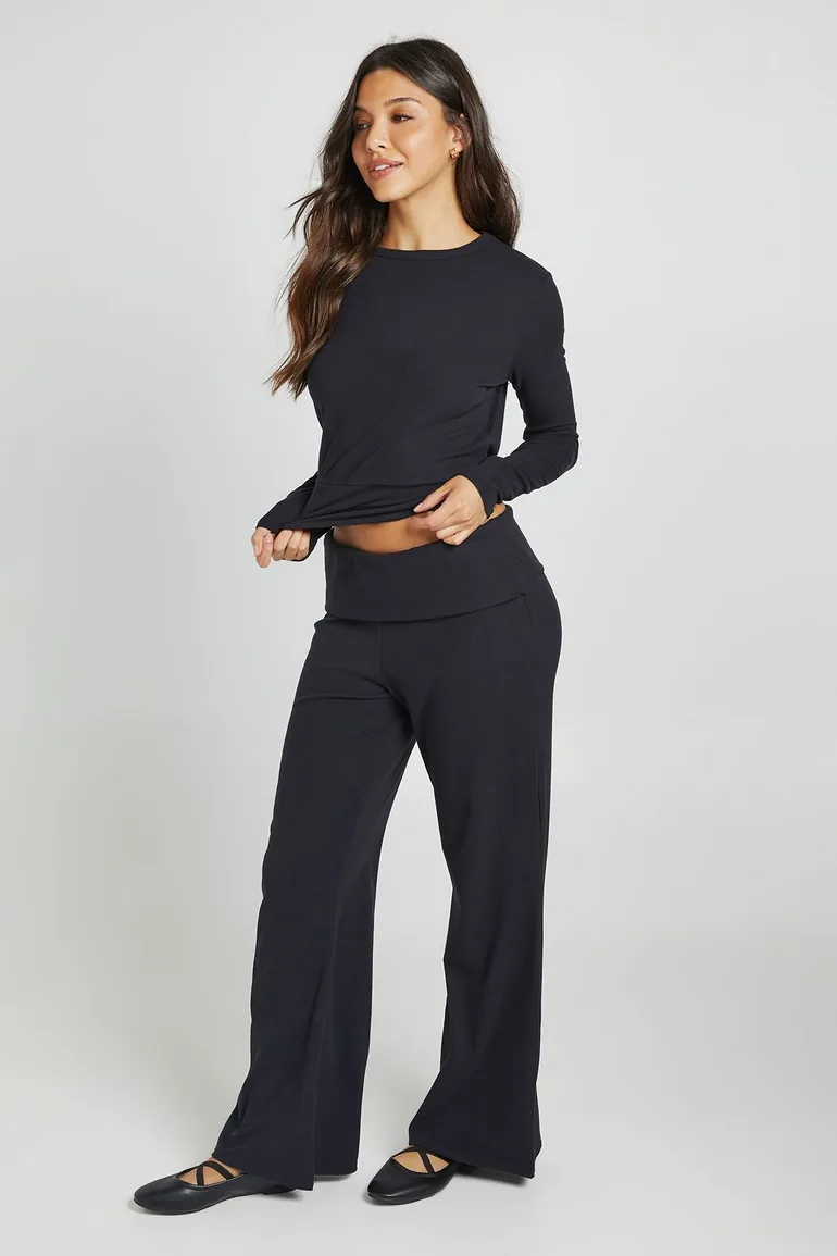Ultra Soft Deep Hem Top and Flare Coord - black - 1
