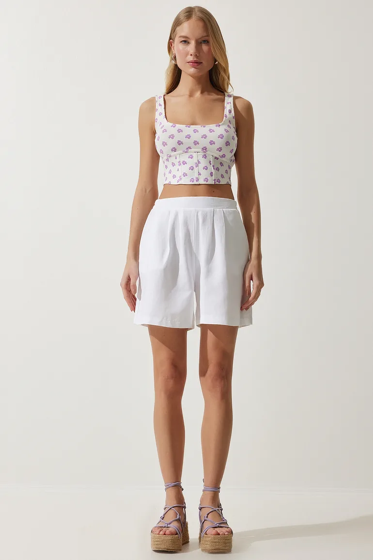 Women's White Pocket Linen Shorts - 4