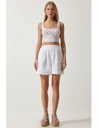 Women's White Pocket Linen Shorts - 4