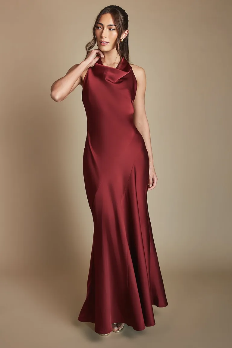 Wine Cowl Halterneck Satin Maxi Bridesmaid Dress - 3