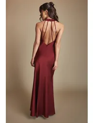 Wine Cowl Halterneck Satin Maxi Bridesmaid Dress - 2