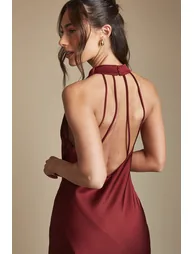 Wine Cowl Halterneck Satin Maxi Bridesmaid Dress - 1