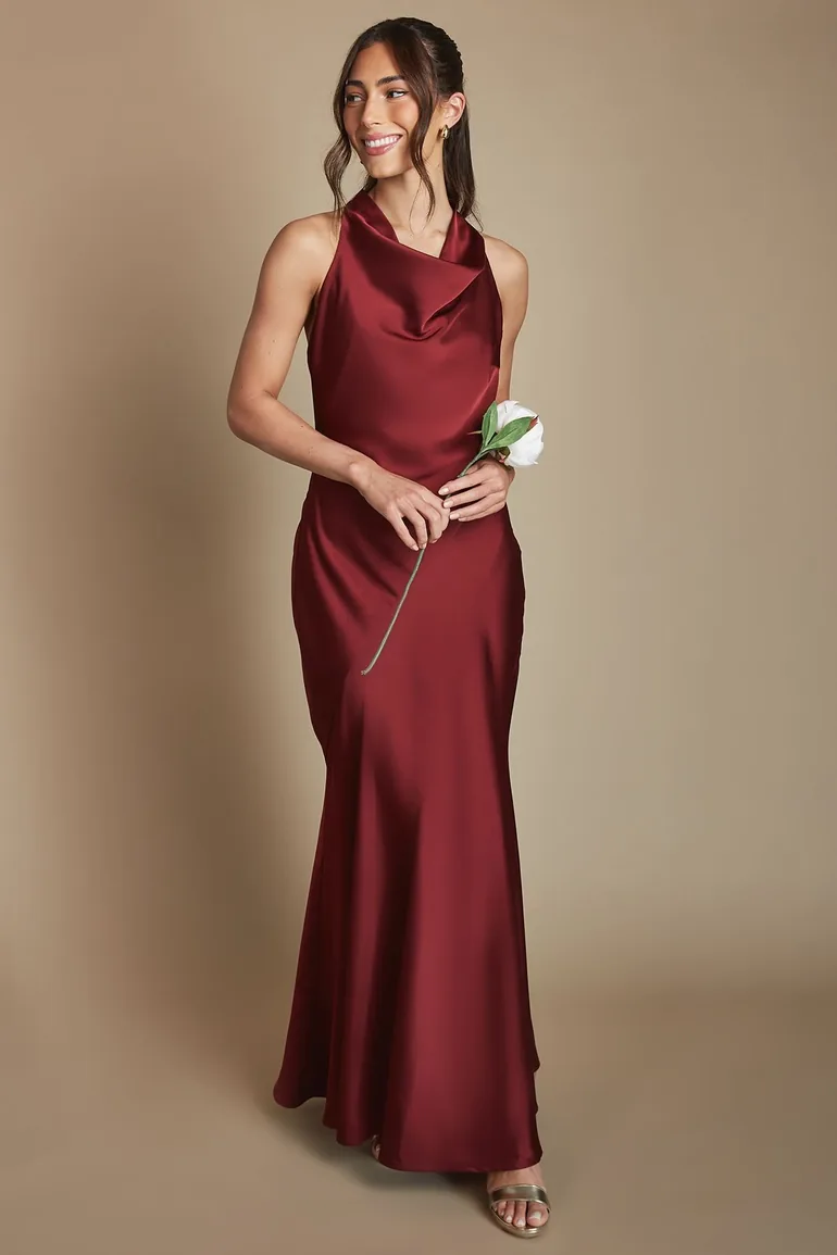 Wine Cowl Halterneck Satin Maxi Bridesmaid Dress