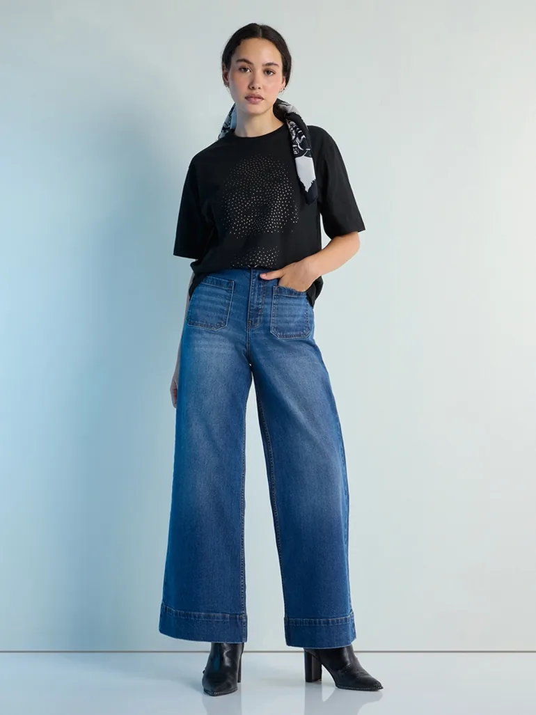 Black Stud Detailed Oversized Round Neck T-Shirt - 5