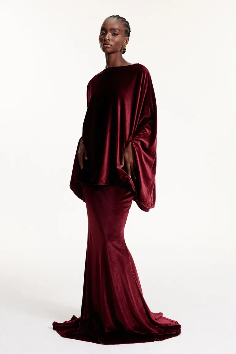 Dixon Cape Sleeve Ruch Velvet Skirt Set In Wine - 1
