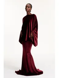 Dixon Cape Sleeve Ruch Velvet Skirt Set In Wine - 1