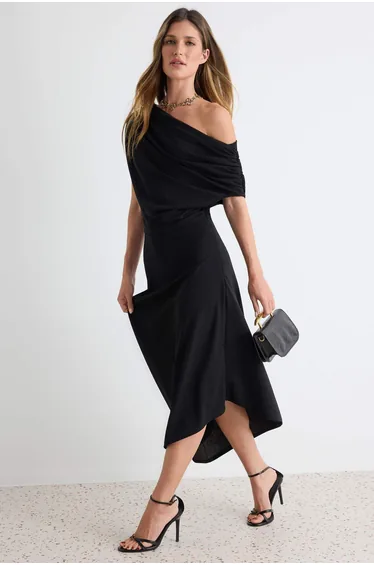 Black A-Line Boat Neck Woven Midi Chic Dress
