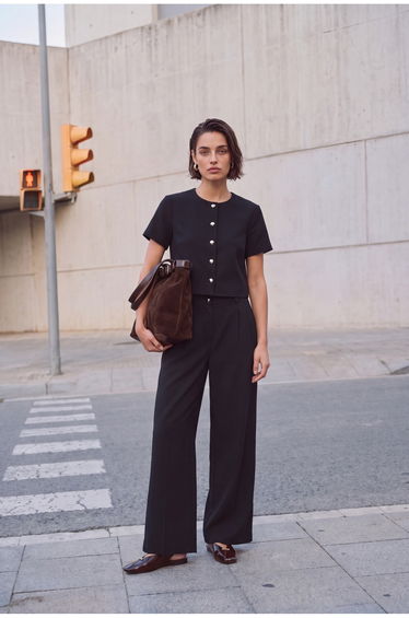 Black Short Sleeve Jacket Wide Leg Trousers Woven Bottom - Top Set product thumbnail 4