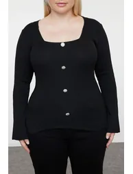 Black Square Neck Ribbed Button Knitwear Blouse - 2