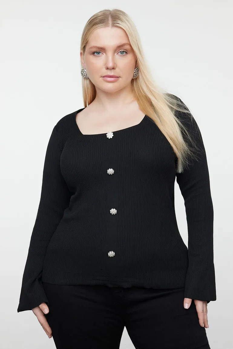 Black Square Neck Ribbed Button Knitwear Blouse