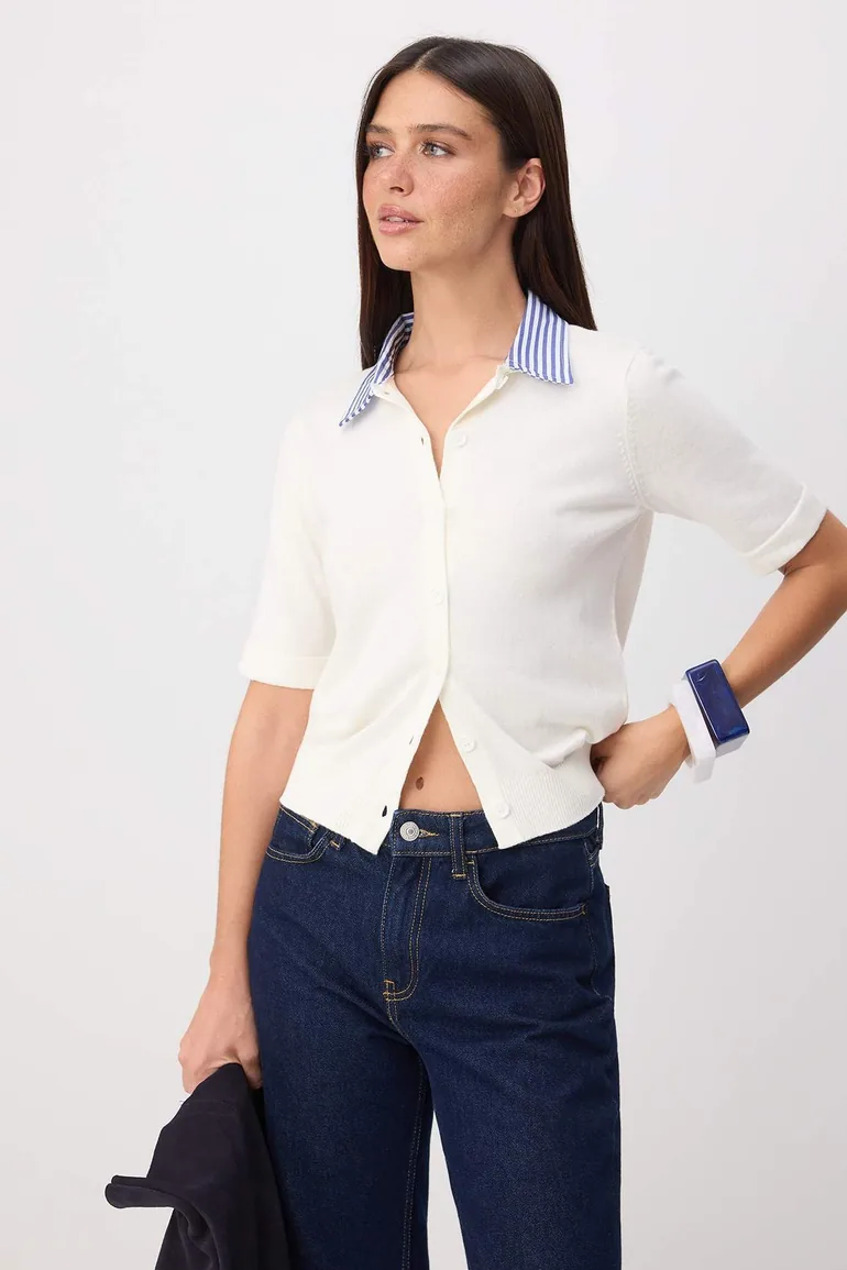 Ecru Limited Edition Shirt Collar Detailed Color Block Slim Blouse