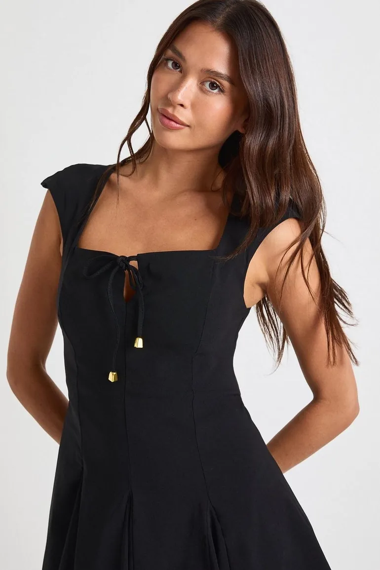Bengaline Tie Bust Skater Dress - black - 3