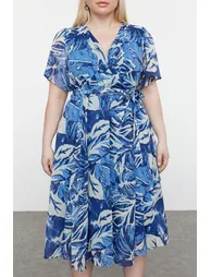 Blue Tropical Leaf Patterned Chiffon Double Breasted Woven Dress - 4