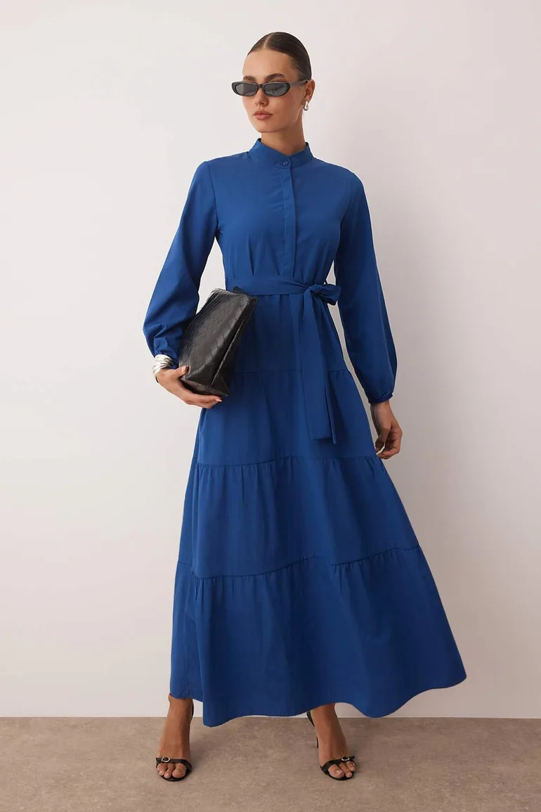 Navy A-Line Maxi Smock Dress with Long Sleeves - 7