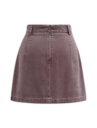 Double-Buttoned Flap Denim Mini Skirt in Plum - 7