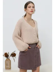 Double-Buttoned Flap Denim Mini Skirt in Plum - 8