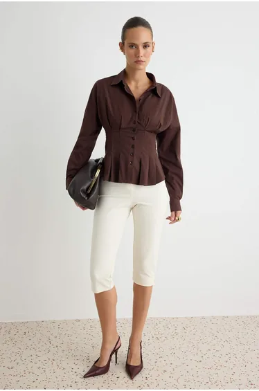 Brown Pili Detailed Cotton Lycra Waist-Fitted Shirt