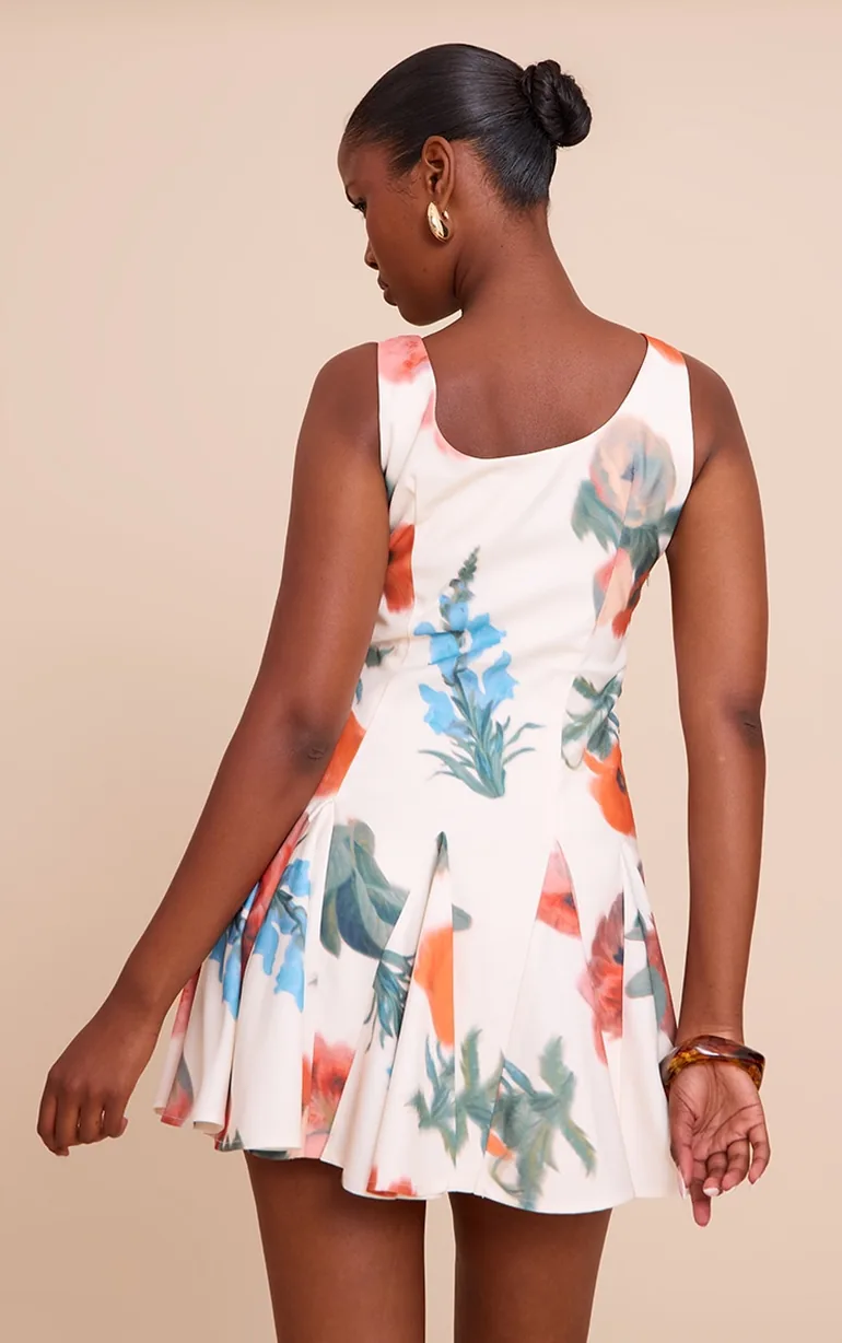 Cream Floral Printed Woven Godet Detail Shift Dress - 1