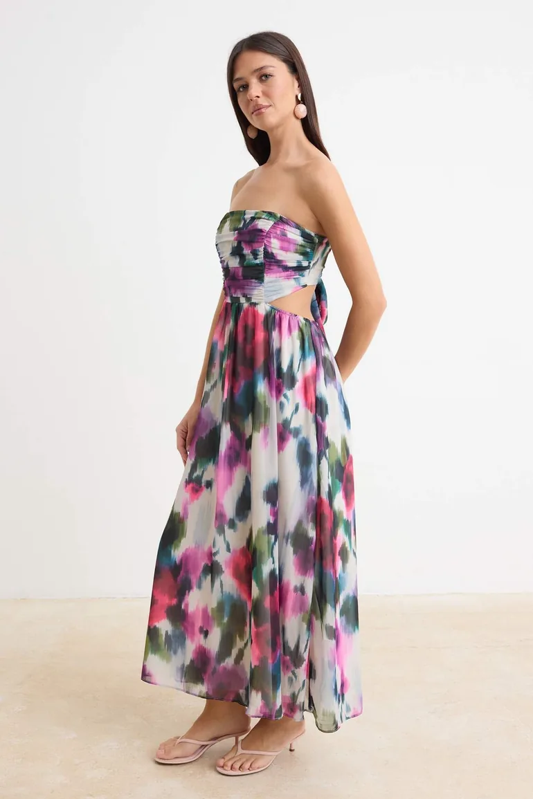 Pink-Multicolor Floral Lined Chiffon Maxi Woven Dress - 3