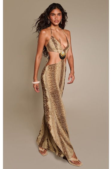 Brown Snake Chiffon Shell Trim Maxi Dress