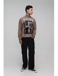 Tall Oversized Boxy Homme Flock Graphic Long Sleeve T-Shirt - brown