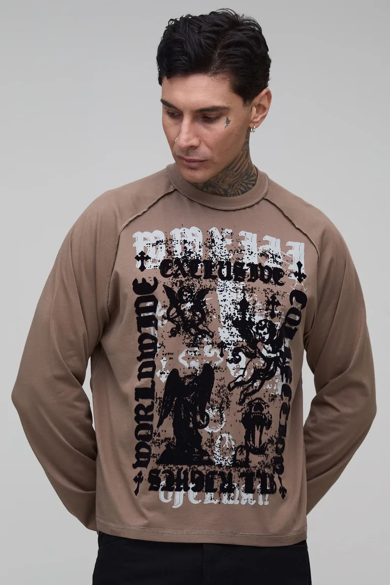 Tall Oversized Boxy Homme Flock Graphic Long Sleeve T-Shirt - brown - 1