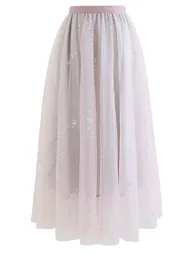 Shimmery Sequin Mix-Color Mesh Maxi Skirt in Dusty Pink - 2