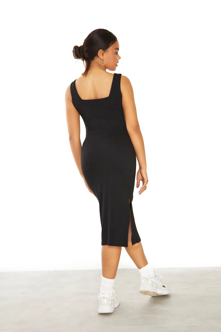 Glamorous Black Square Neck Midi Dress with Side Split - 1