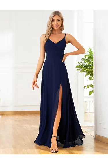 ever RENÉ |Pleated V-Neck Spaghetti Strap High Slit Bridesmaid Dress