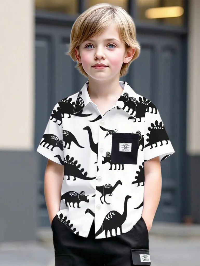 Boys Dinosaur Print Shirt and Cargo Shorts Set - 3