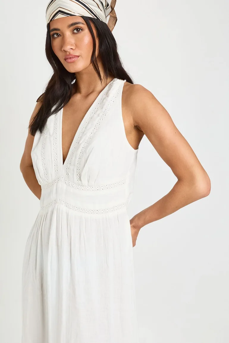 Textured Lace Trim Midaxi Dress - ivory - 3