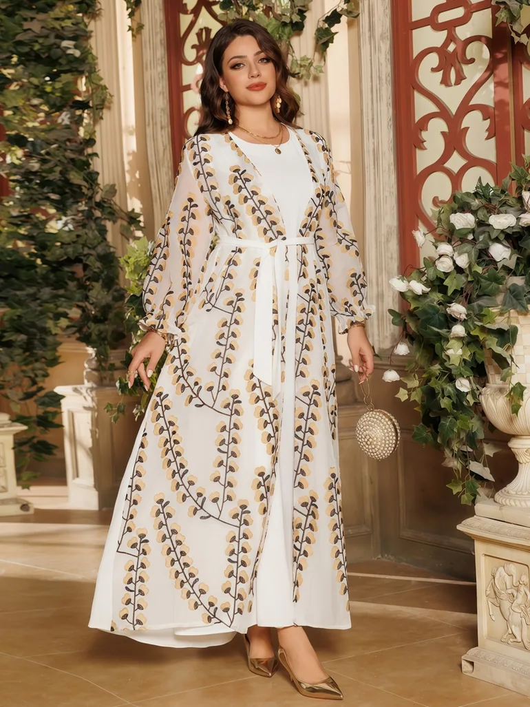 Cream Printed Abaya with Inner Maxi Dress - 1
