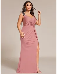 ever NOIRE|Glitter V-Neck High Slit Sequin Shoulder Strap Wedding Guest Dress - 8